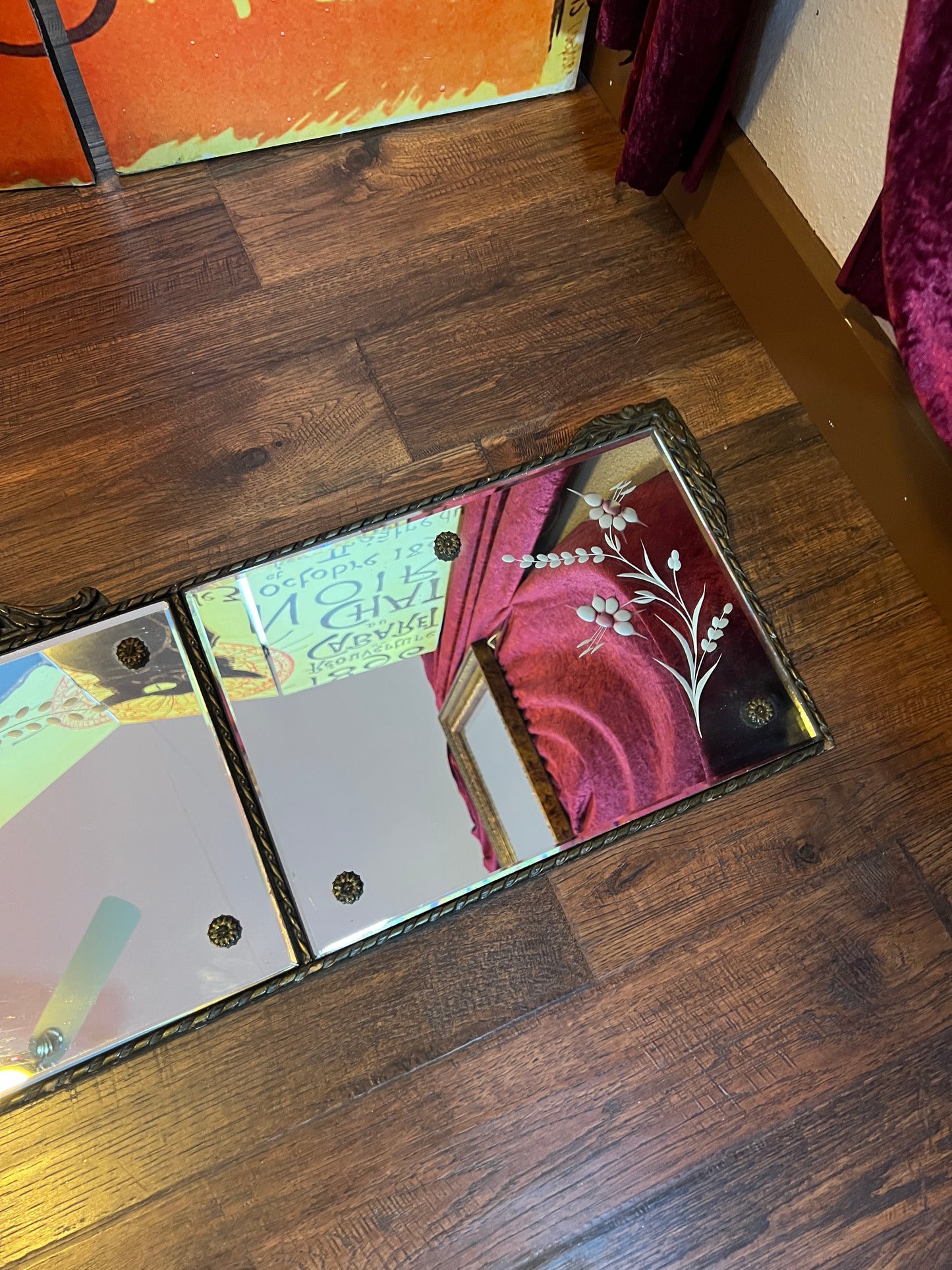 Antique Mirror - Mantle / Buffet - 3-Panel Beveled Glass - Etched Flowers