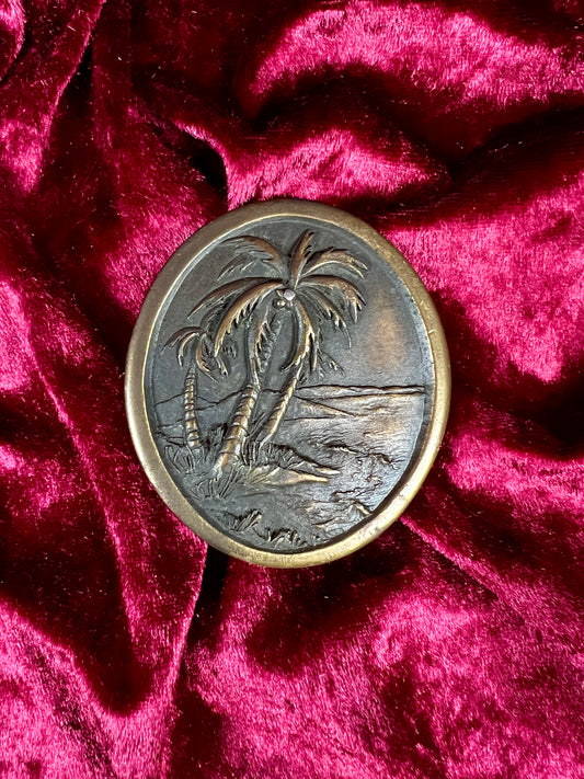 Vintage Metal Belt Buckle - Tropical Palm Tree Island Scene - 1976 Indiana Metal Craft