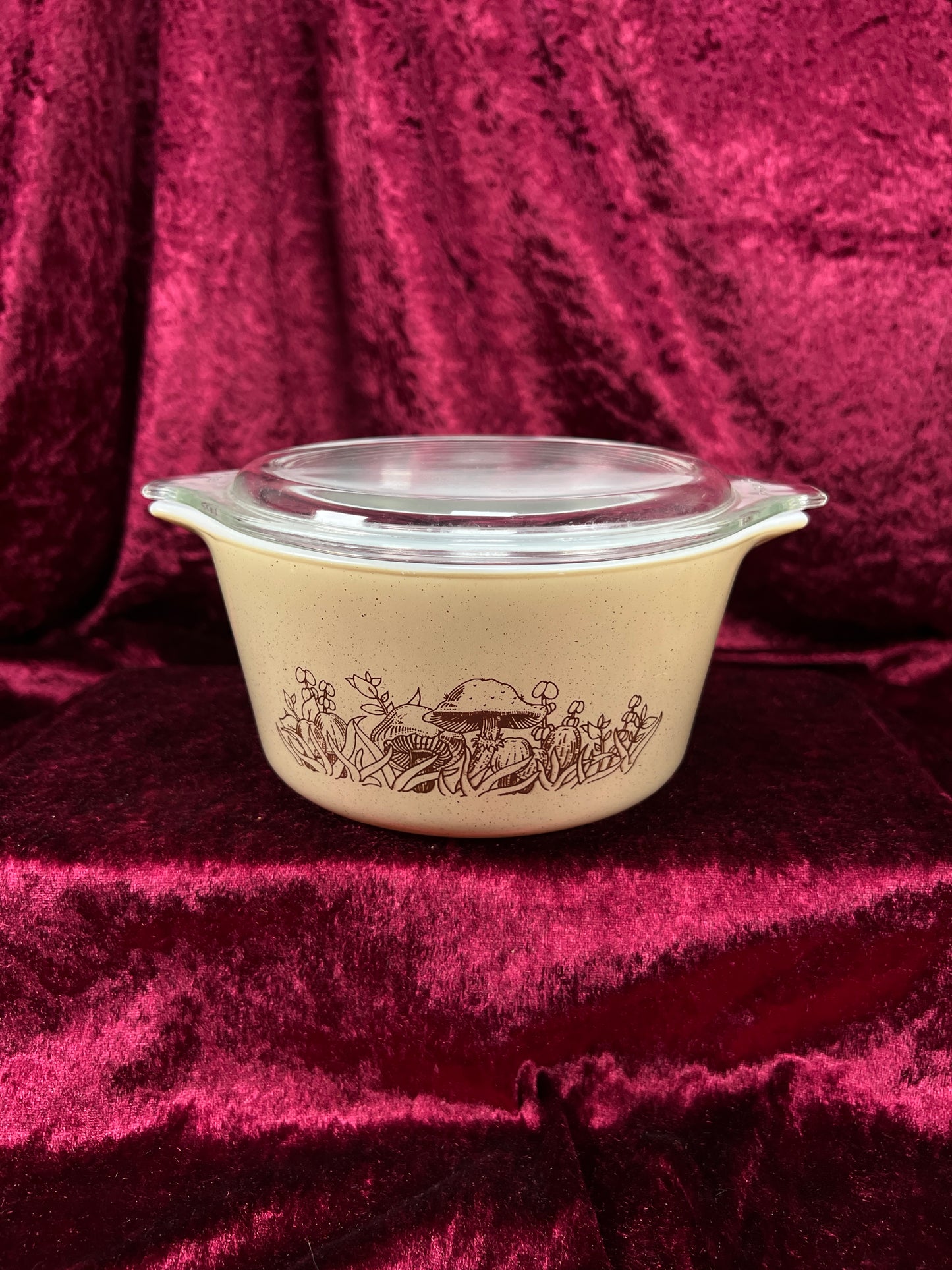Vintage Pyrex Glass Casserole Dish Set - Forest Fancies Mushroom Pattern