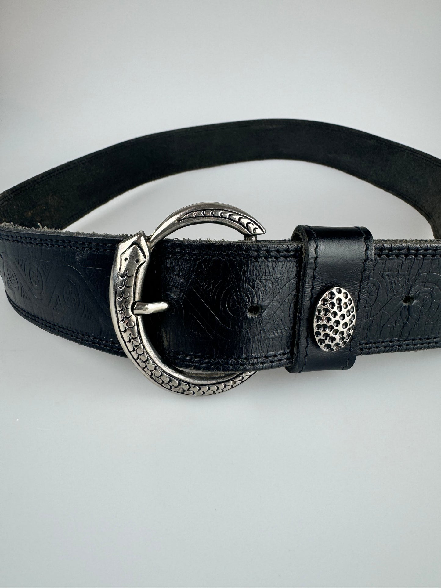 Vintage Belt - Black Leather with Silver Snake Belt Buckle - Made in Italy - 44"