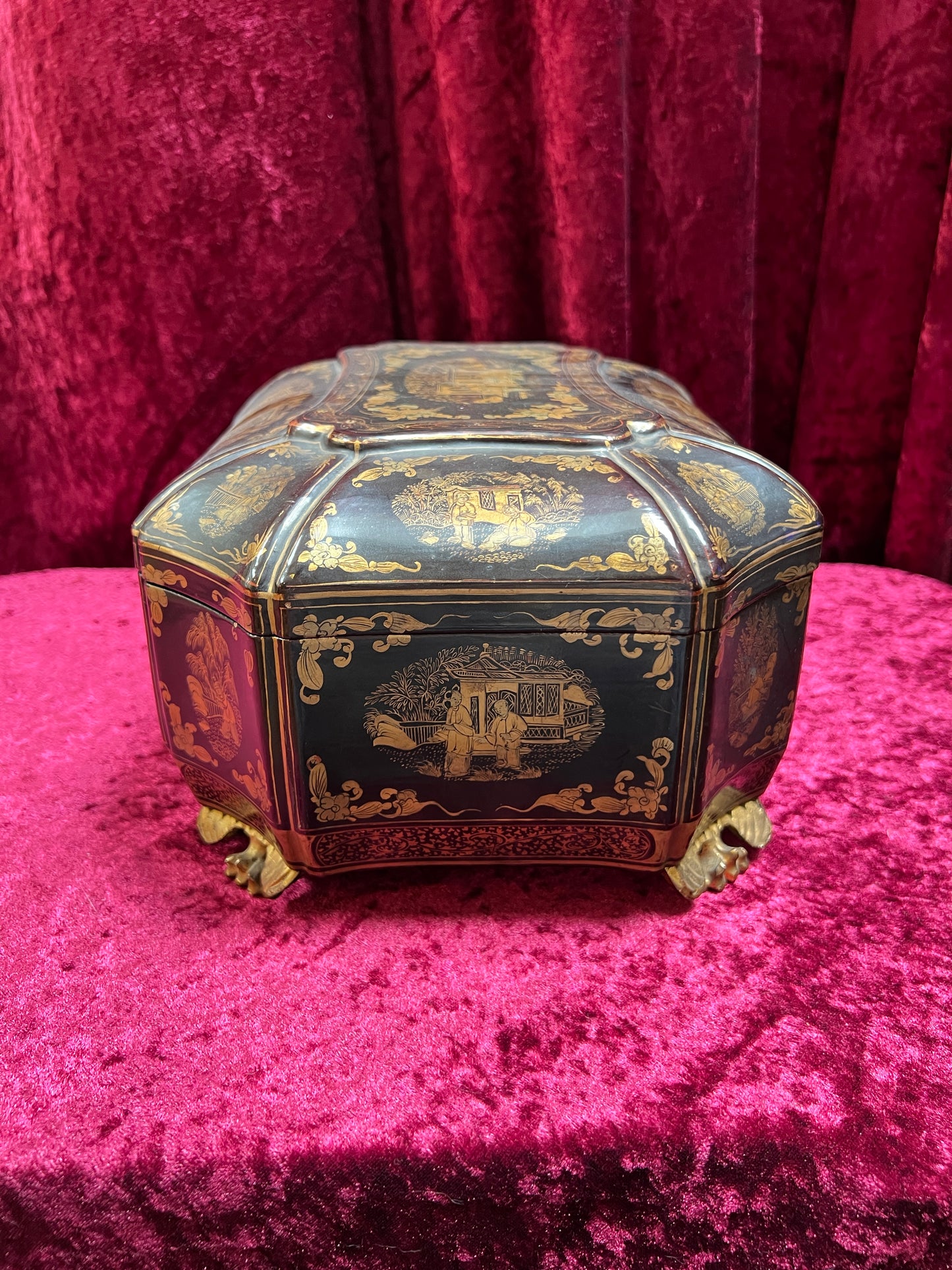 Antique Sewing Kit - Black Lacquer Ladies Work Box - Octagonal 19th Century Asian Chinoiserie