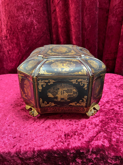 Antique Sewing Kit - Black Lacquer Ladies Work Box - Octagonal 19th Century Asian Chinoiserie