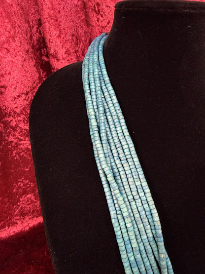 Vintage Puka Shell Necklace – Eight Strand Turquoise Tone Layered Collar