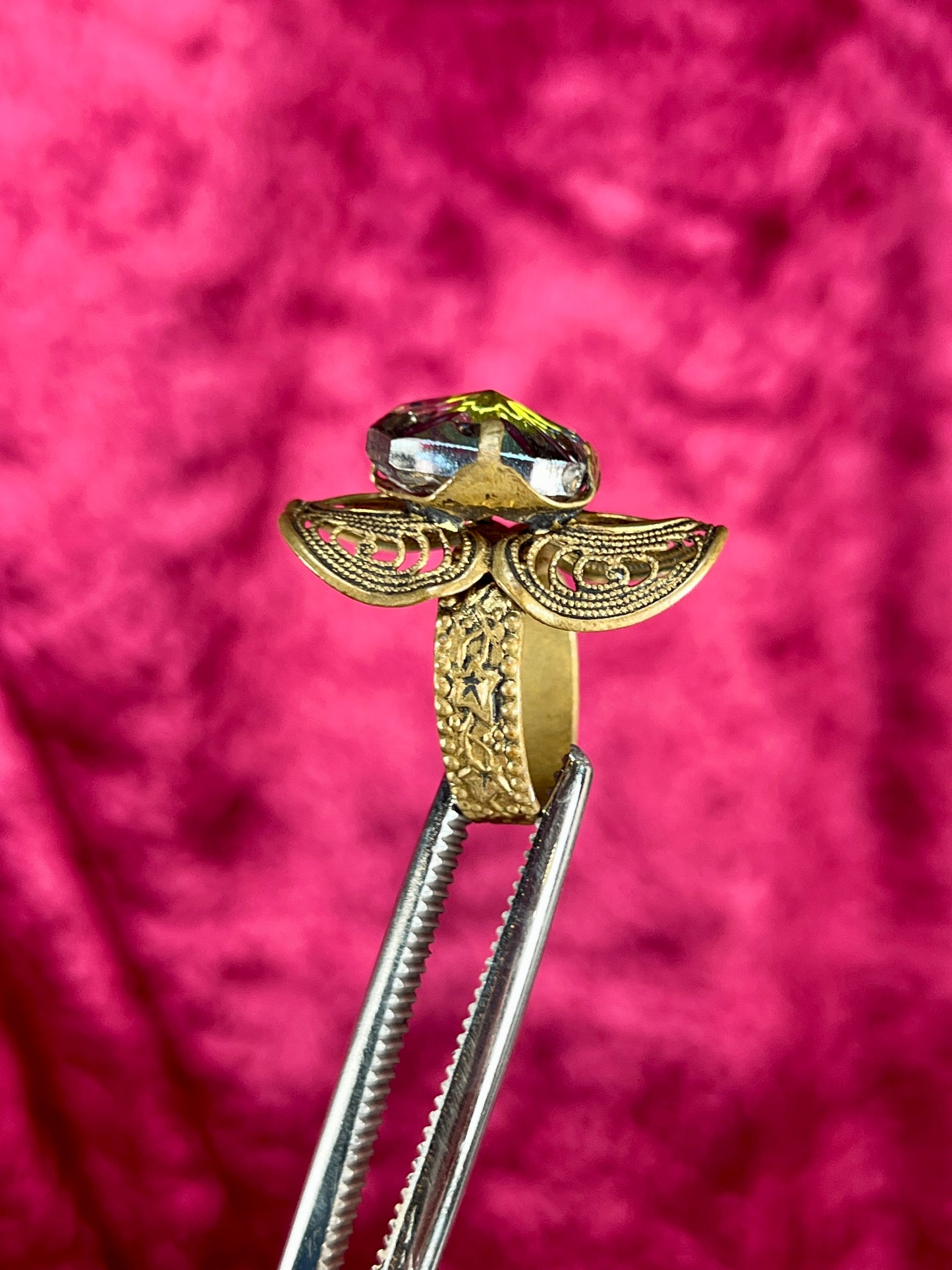 Vintage Jewelry - Adjustable Cocktail Ring - Brass - Aurora Borealis Crystal - West Germany