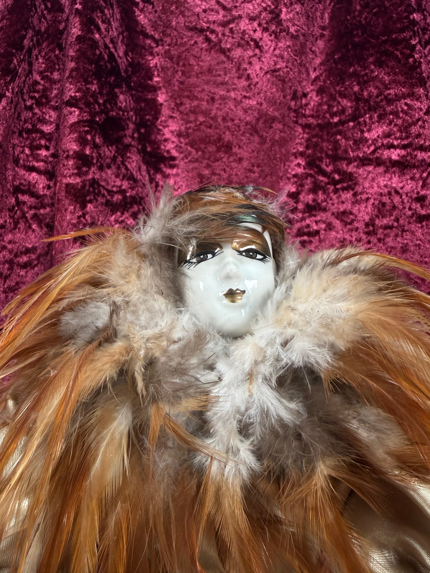 Vintage Porcelain Pierrot Doll – Feathered Collar Seated Harlequin Figure