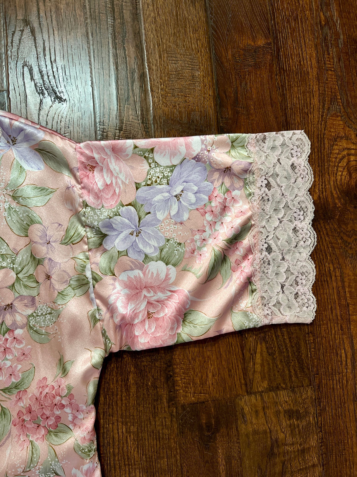 Vintage Silky Nightgown and Robe Lingerie Set - Pink Floral Print Peignoir Ensemble - Val Mode