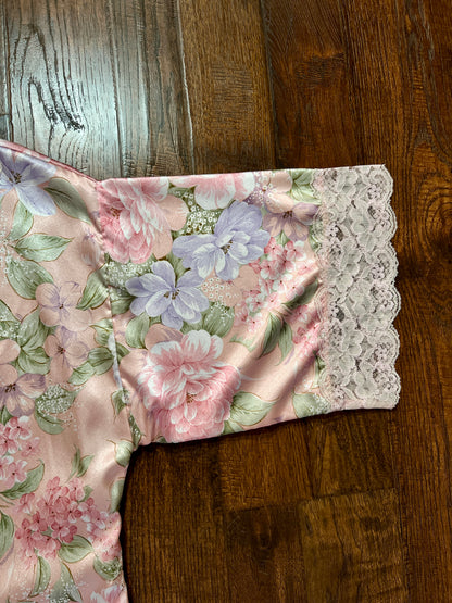 Vintage Silky Nightgown and Robe Lingerie Set - Pink Floral Print Peignoir Ensemble - Val Mode