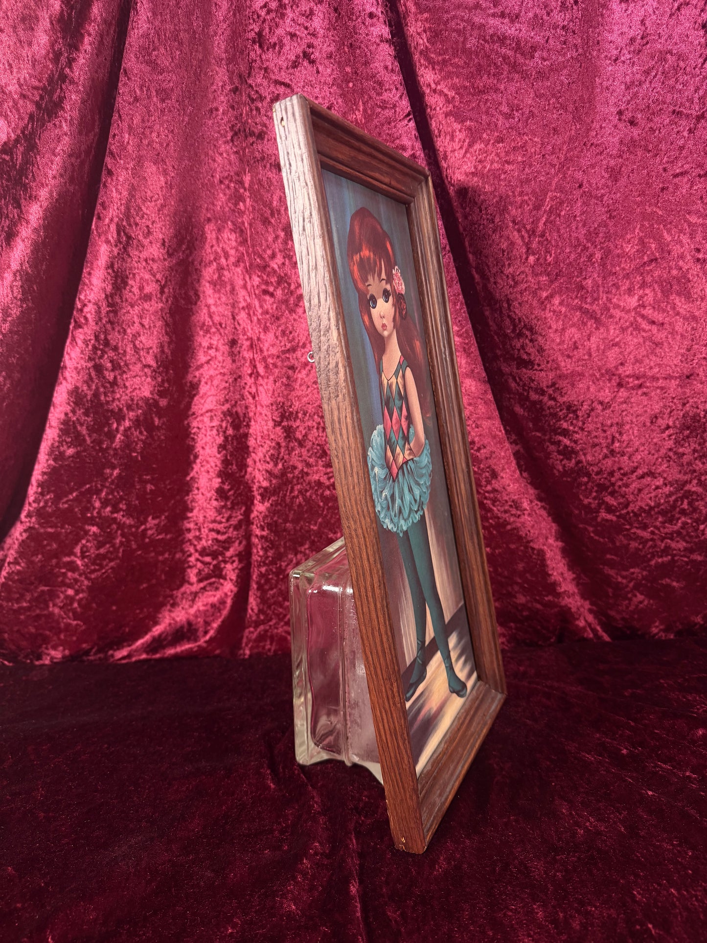Vintage Mid Century Framed Wall Art – Big Eyes Harlequin Ballerina Girl Portrait - Moppet by Jean Maio
