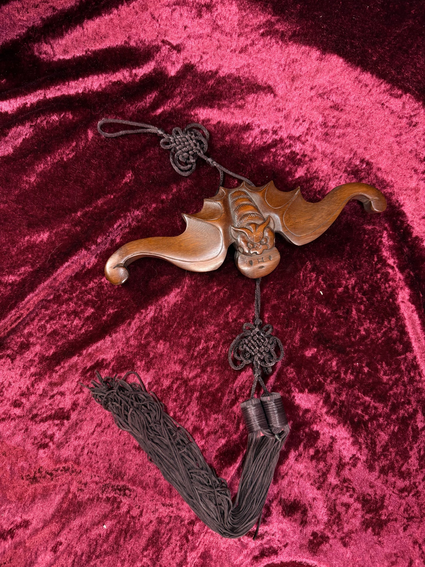 Vintage Wood Wall Hanging – Asian Carved Bat Sculpture with Knotted Tassel