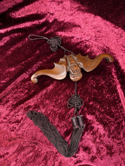 Vintage Wood Wall Hanging – Asian Carved Bat Sculpture with Knotted Tassel