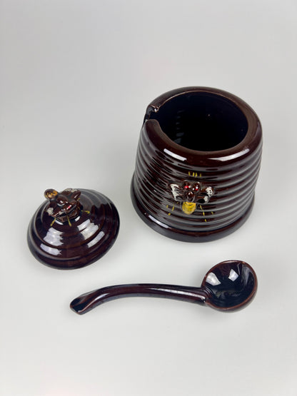 Vintage Lustreware Beehive Honey Pot & Plate | Dark Brown & Purple Glaze