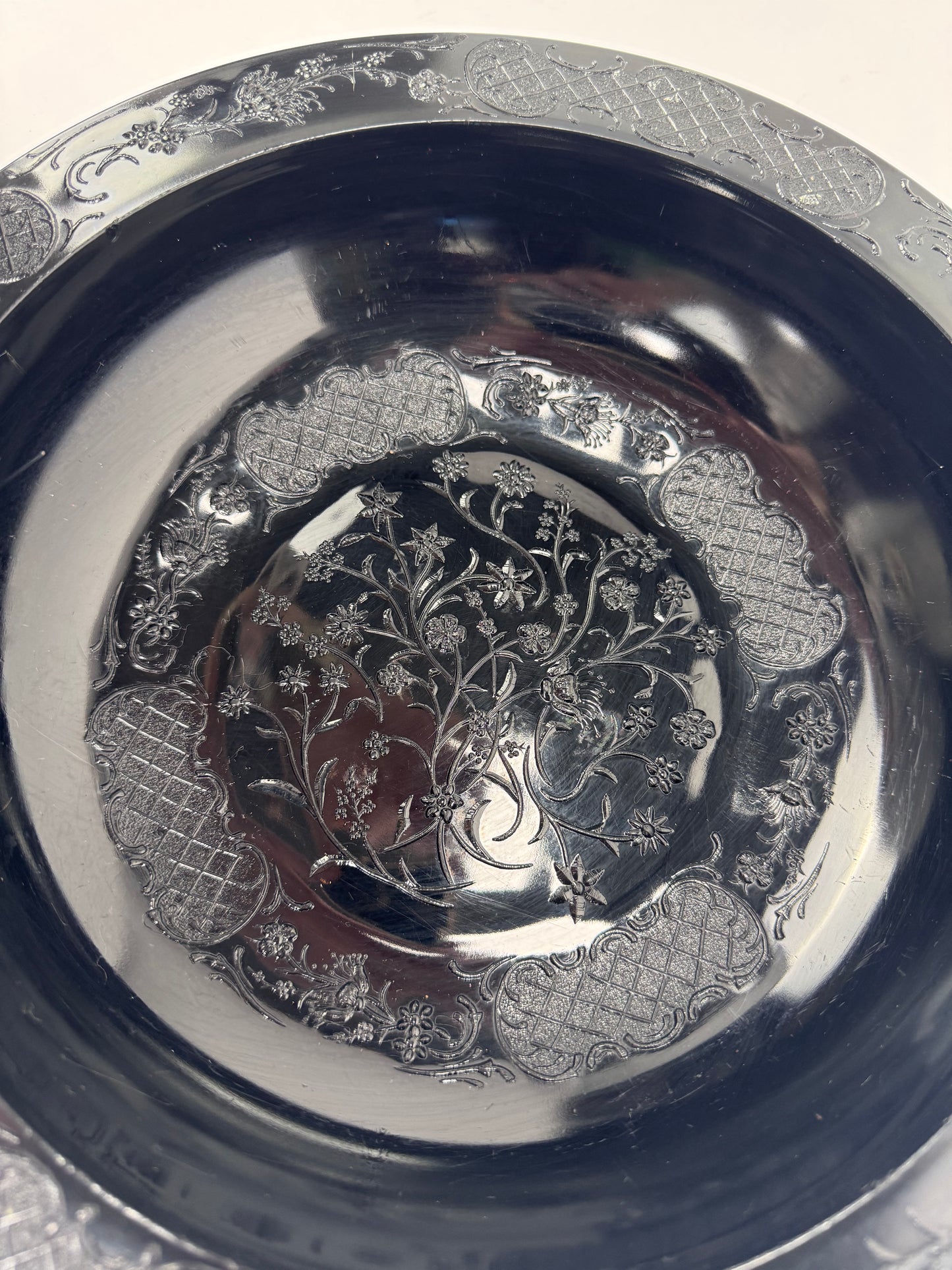 Vintage Footed Black Pressed Glass Bowl - Floral Trellis Decorative Pattern