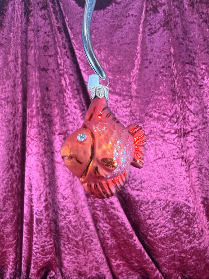 Vintage Christmas - Handblown Glass Ornament - Red Rhinestone Eyes Fish - Poland