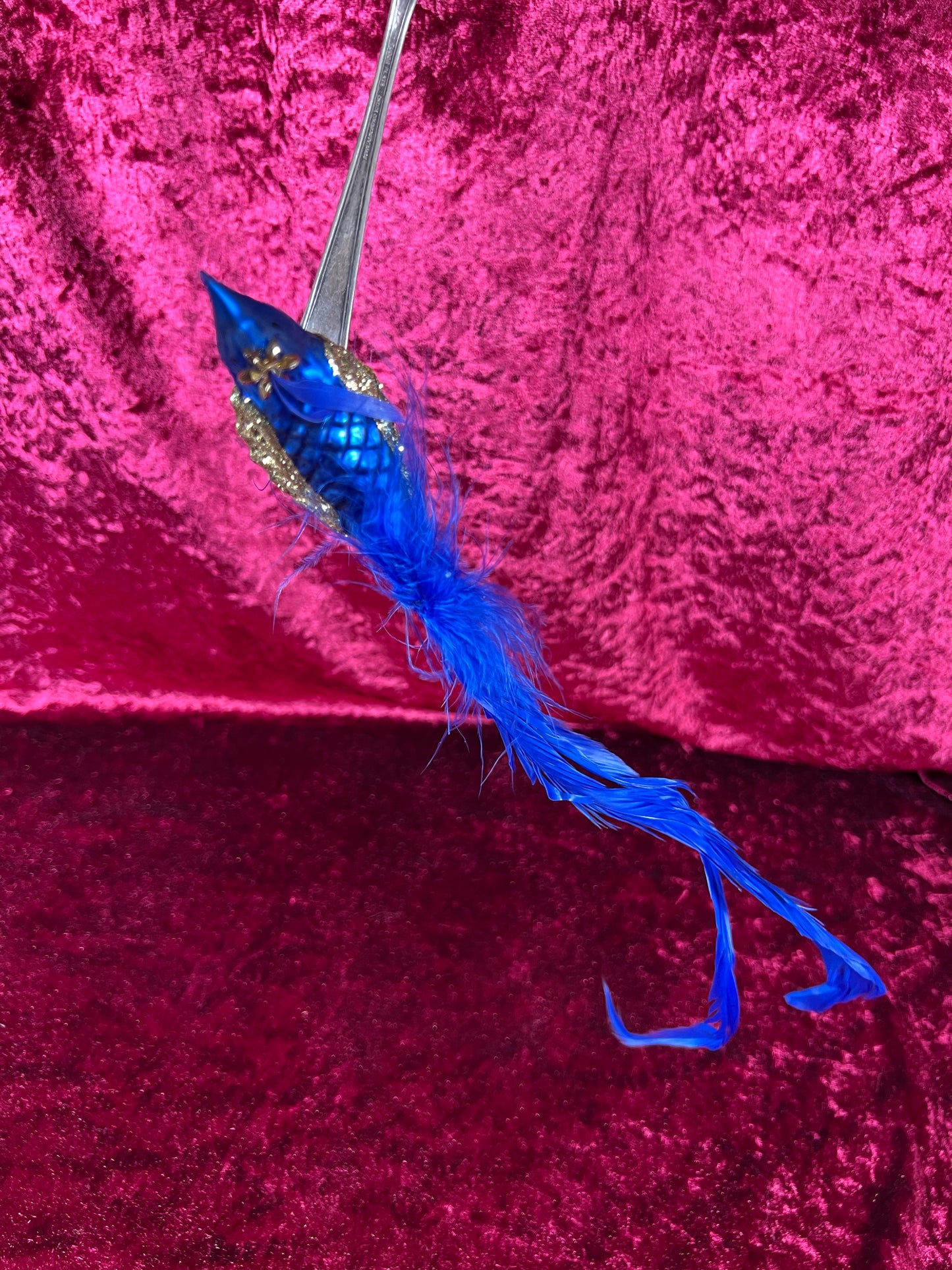 Vintage Christmas - Glass Clip-On Ornament - Royal Blue Peacock with Feather Tail