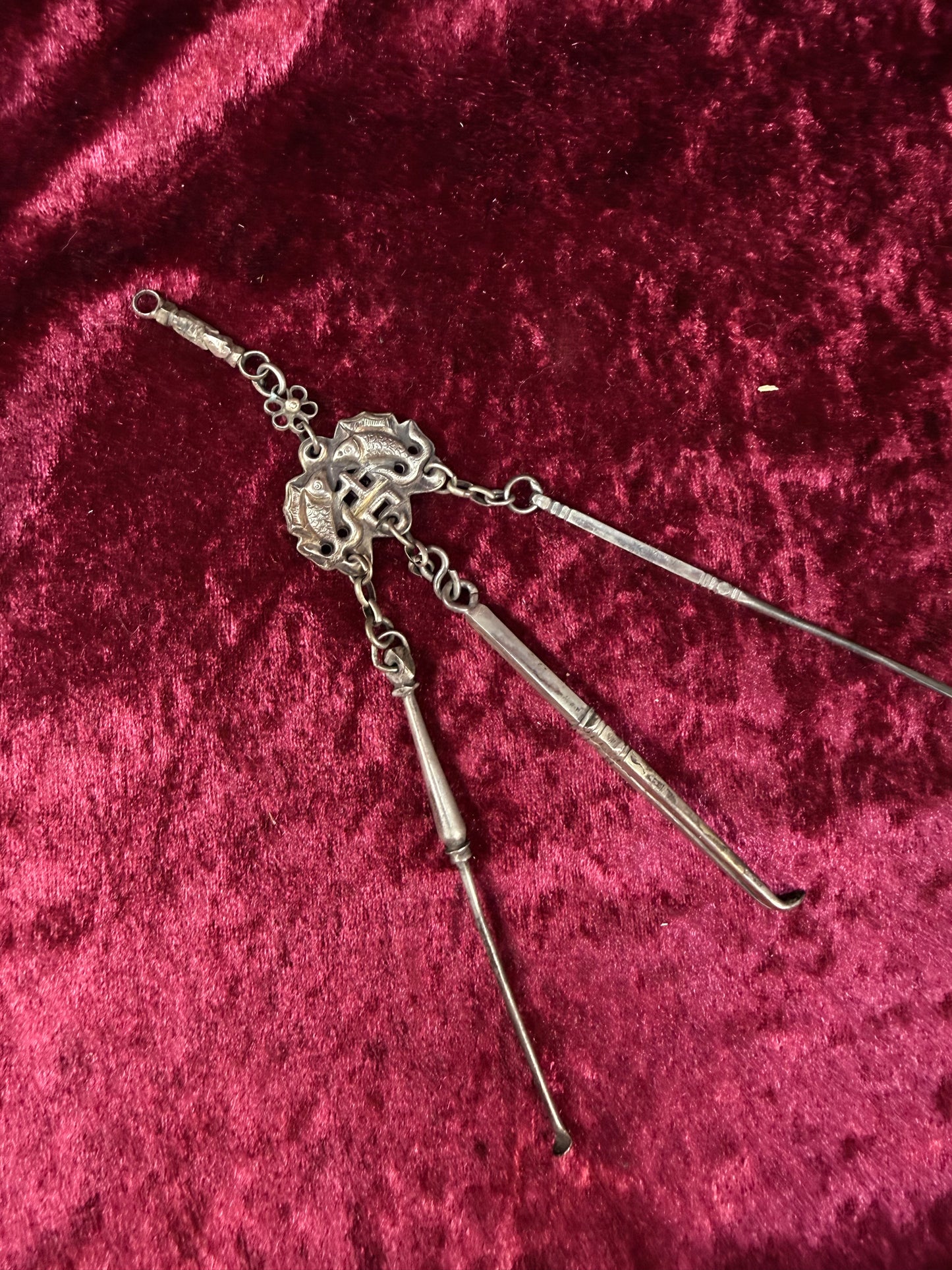 Antique Sterling Silver Opium Chatelaine – Twin Koi Fish and Monkey - Late Qing Dynasty