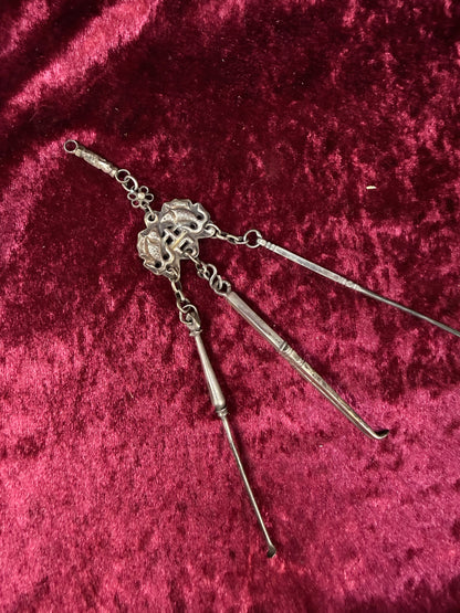 Antique Sterling Silver Opium Chatelaine – Twin Koi Fish and Monkey - Late Qing Dynasty