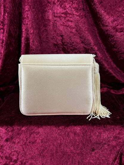 Vintage 100% Silk Evening Bag - Ivory Tassel Rope Crossbody Mini Purse
