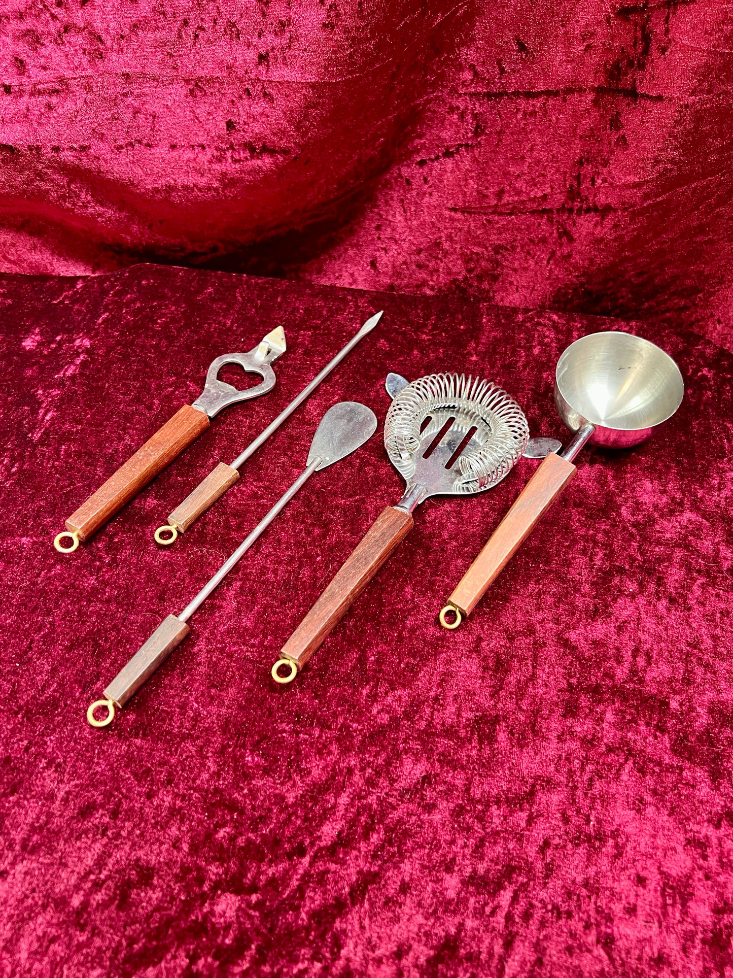 Vintage Barware - 5 Piece Cocktail Mixing Set - Stainless Steel / Wood Handles - Japan