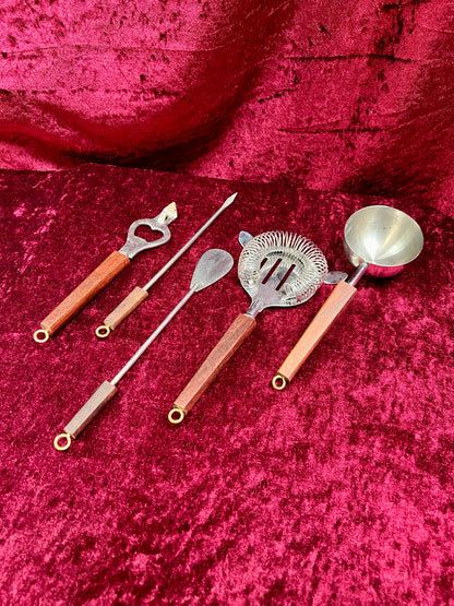 Vintage Barware - 5 Piece Cocktail Mixing Set - Stainless Steel / Wood Handles - Japan