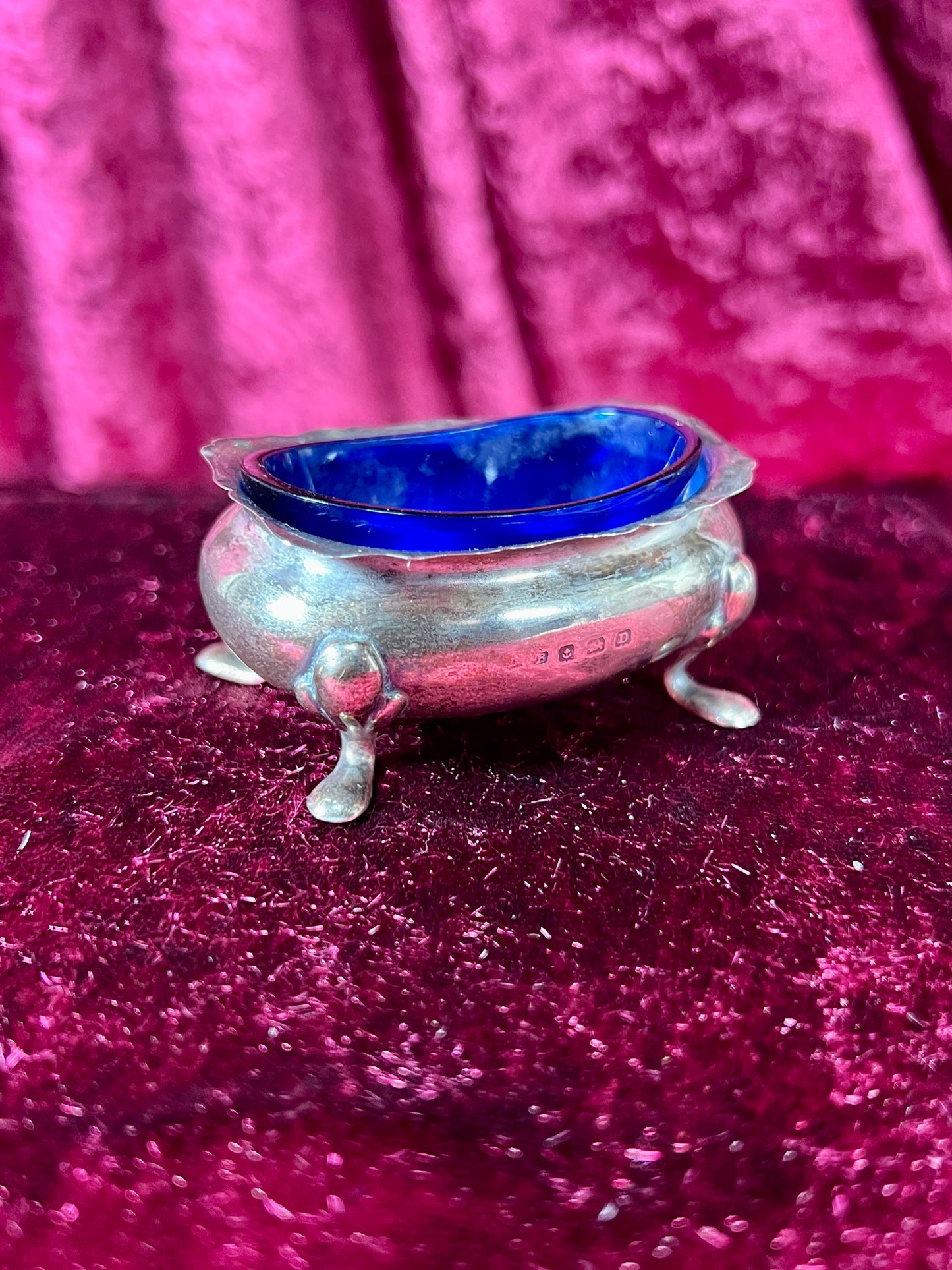 Vintage Kitchen - Footed Salt Cellar with Cobalt Blue Glass Insert - Sterling Silver - Dented