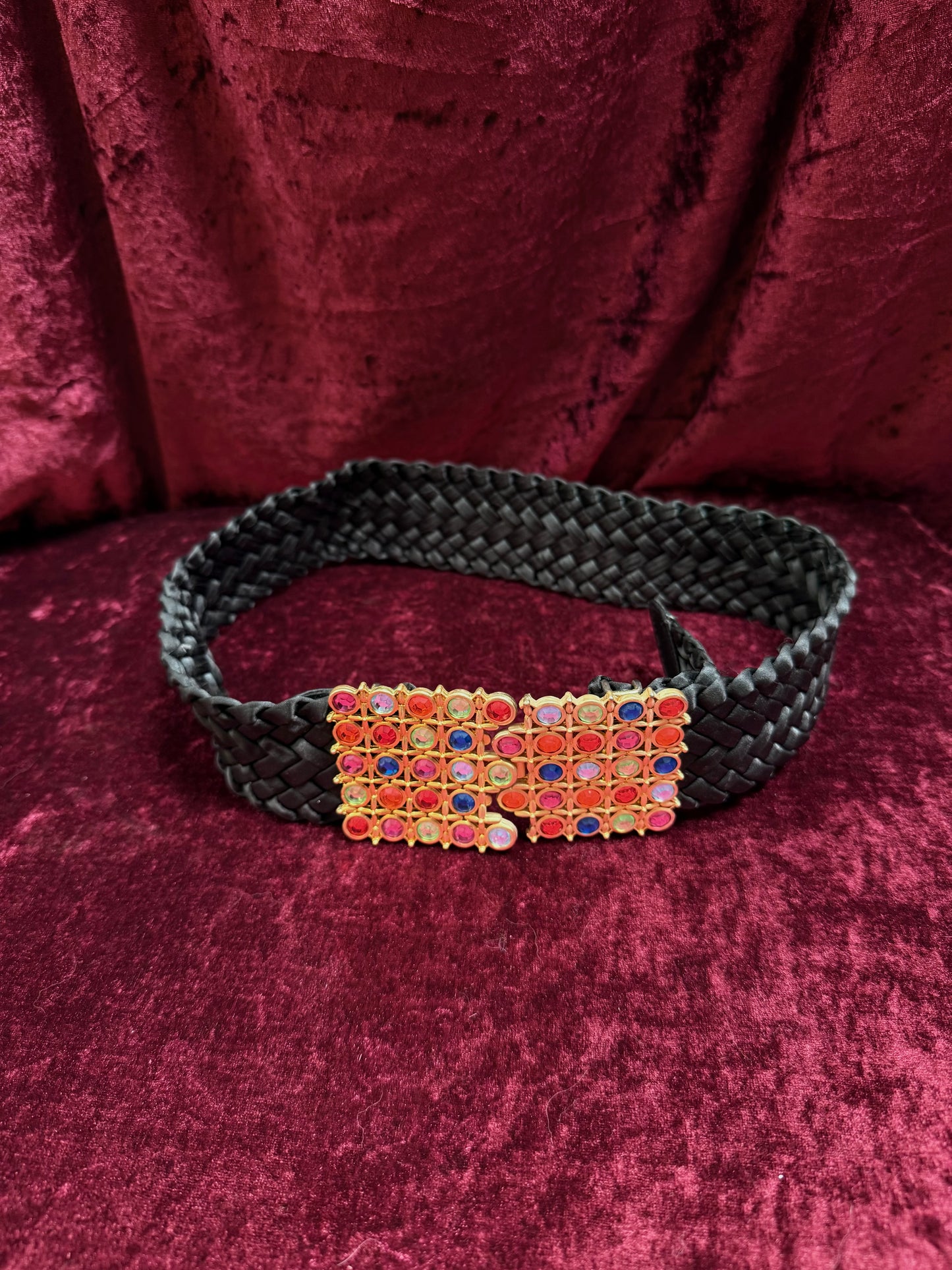 Vintage Accessories - Rainbow Gemstone Belt Buckle on Woven Black Belt - 27”