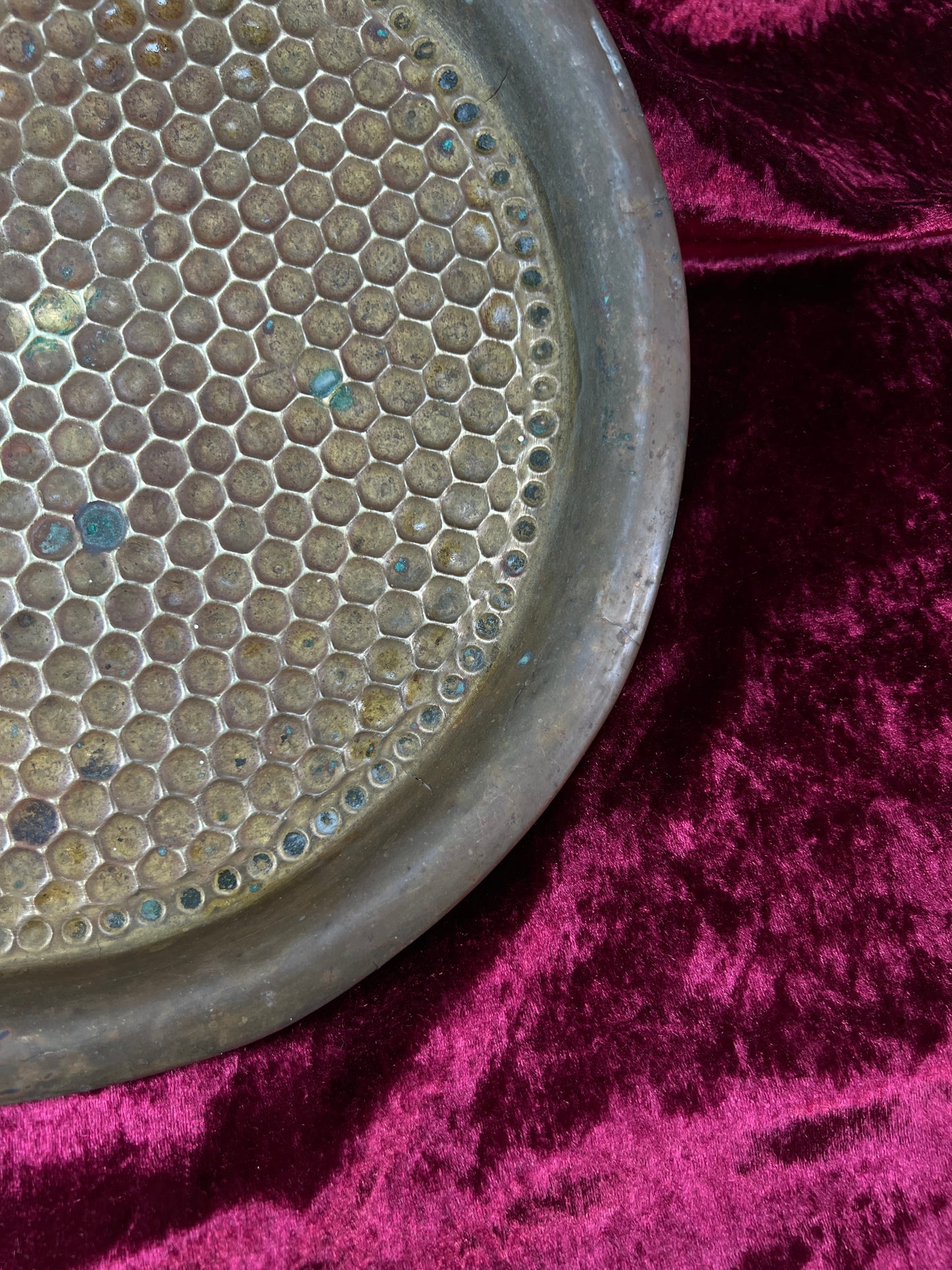 Vintage Brass Tray - Hammered Honeycomb Pattern Round Serving Platter