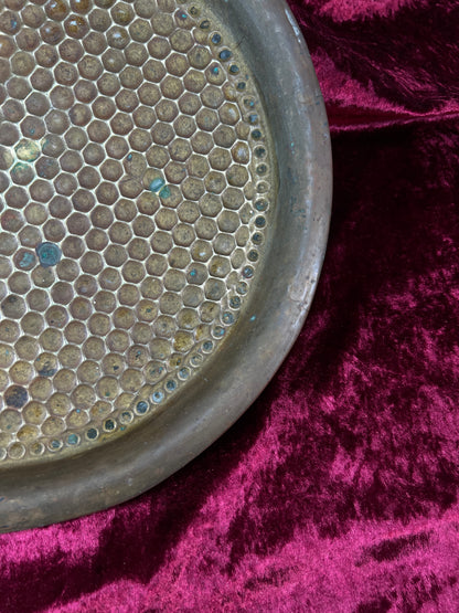 Vintage Brass Tray - Hammered Honeycomb Pattern Round Serving Platter