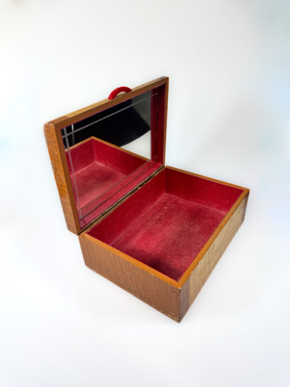 Vintage Streamlined Design Wooden Jewelry Box with Red Bakelite Handle