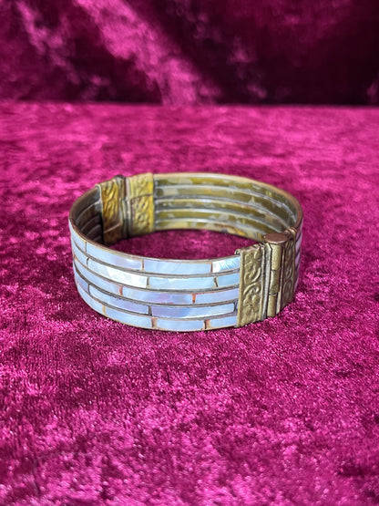 Vintage Jewelry - Chunky Bangle Bracelet - Brass with Inlaid Abalone Shell - Hinged Pin Closure