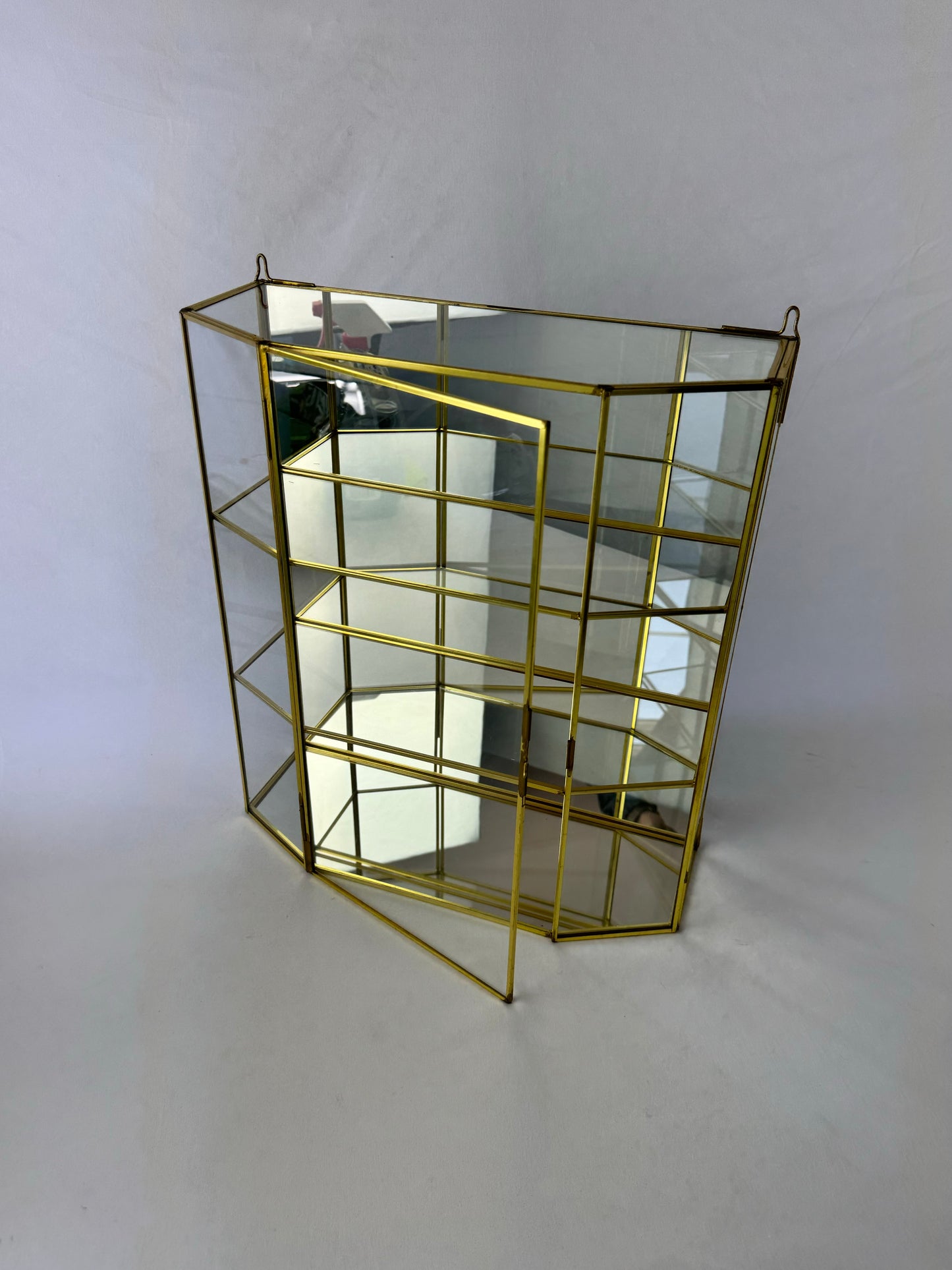 Vintage Mirrored Brass & Glass Wall Hanging Curio Cabinet - Large