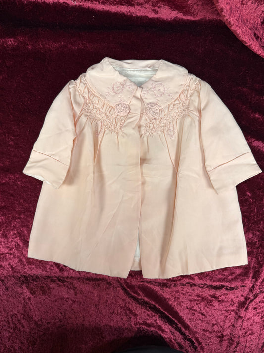 Vintage Silk Baby Capelet – Blush Pink Embroidered Lined Infant Coat