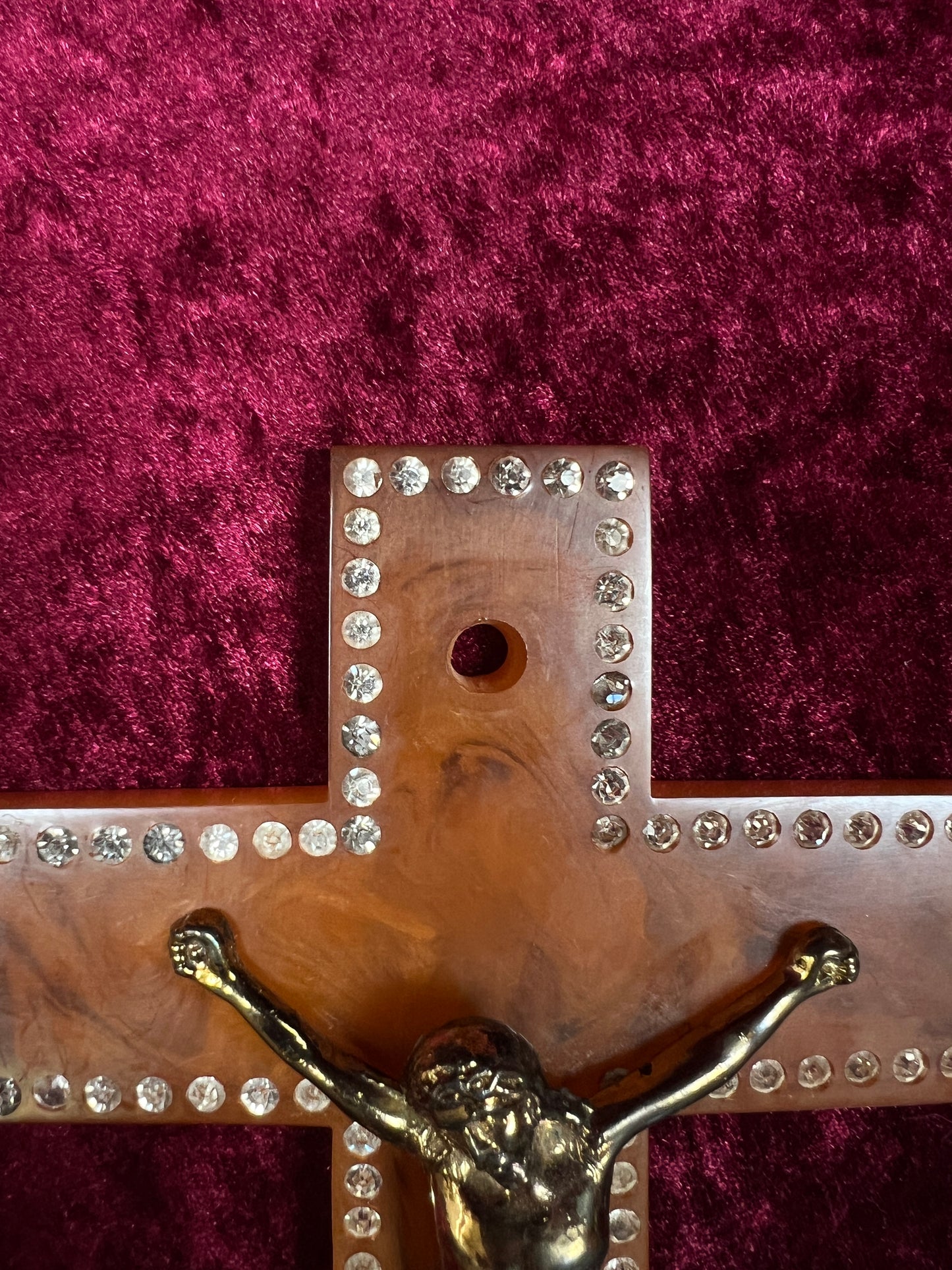 Vintage Bakelite Crucifix Cross - Butterscotch Swirl Rhinestone Religious Wall Hanging