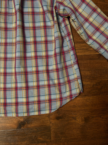 Vintage Miss Fashionability Plaid Blouse – Contrast White Collar Preppy Style – Medium