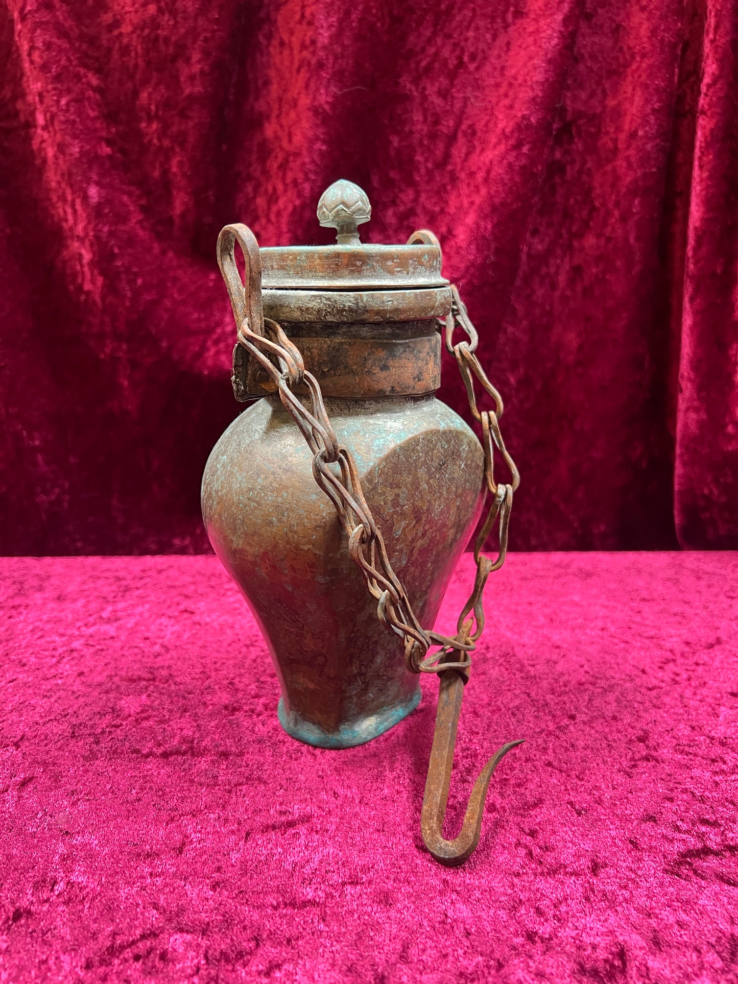 Vintage Oddities - Antique Copper Lidded Vessel with Iron Wood Hook