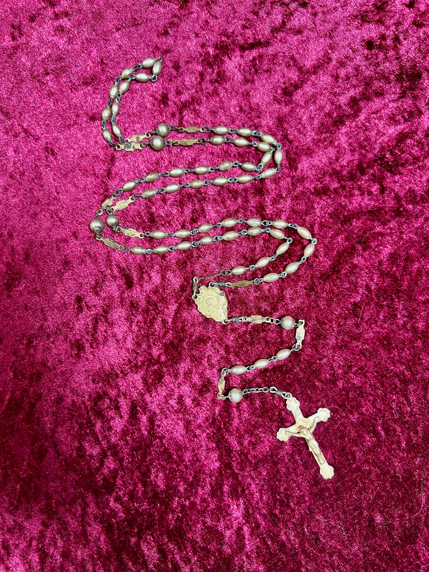 Vintage Jewelry - Italian Rosary - Champagne Gold Beads with Gold Tone Cross - 22"