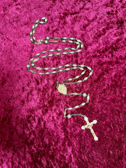 Vintage Jewelry - Italian Rosary - Champagne Gold Beads with Gold Tone Cross - 22"