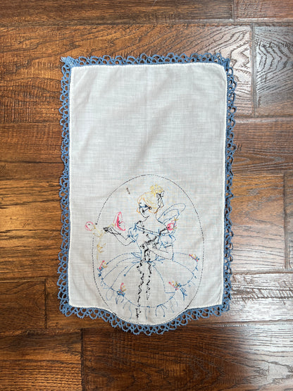Vintage Linens - Embroidered Handkerchief - Rococo Lady Picking Flowers