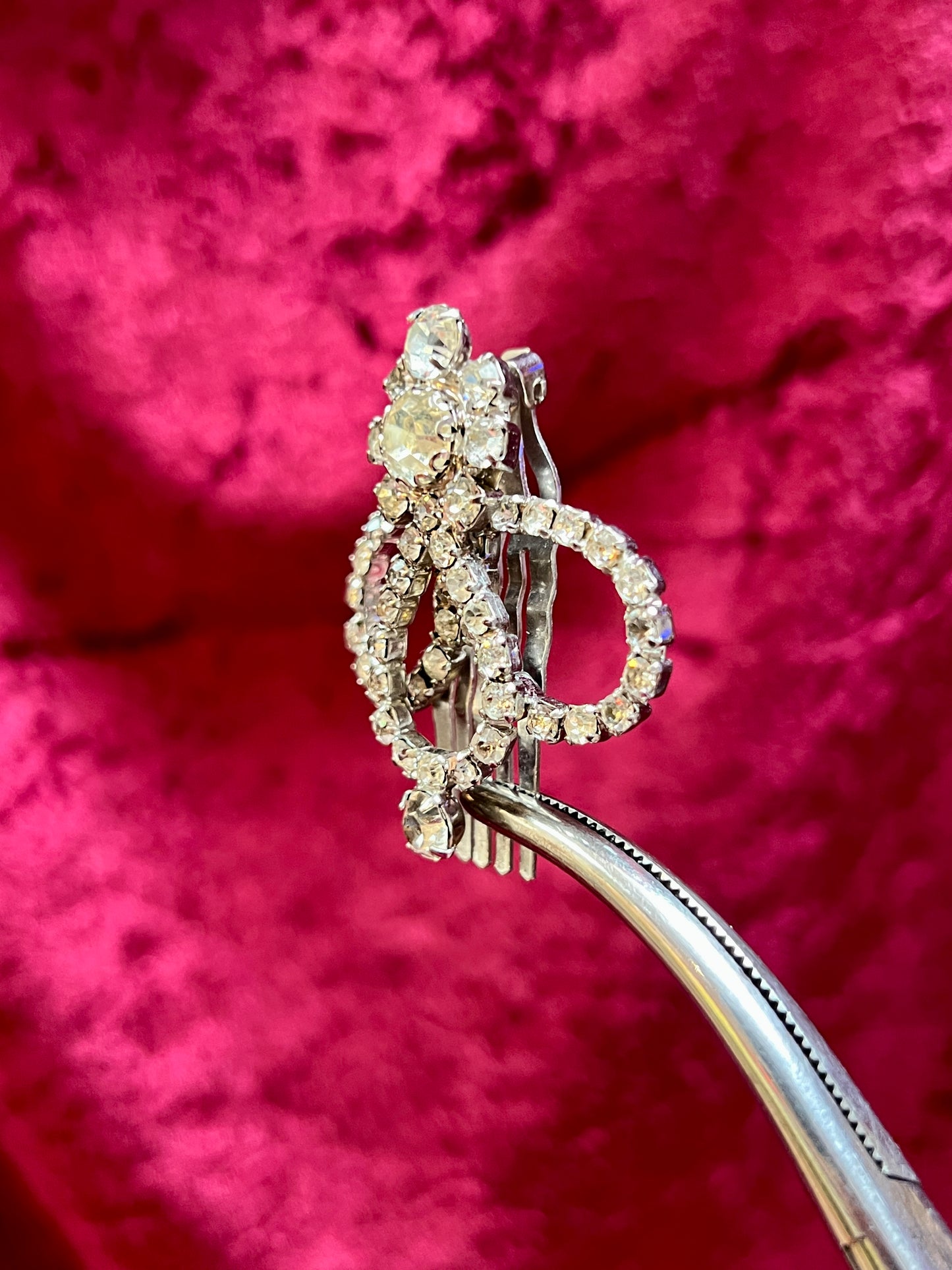 Vintage Accessory - Hair Clip - Round Cut Clear Rhinestone - Floral Spiral Design