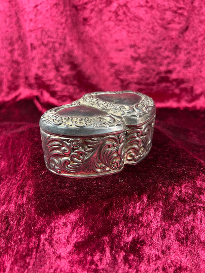 Vintage Jewelry Box - Antique Silver Patina - Double Hearts with Floral Filigree - Red Velvet Lining