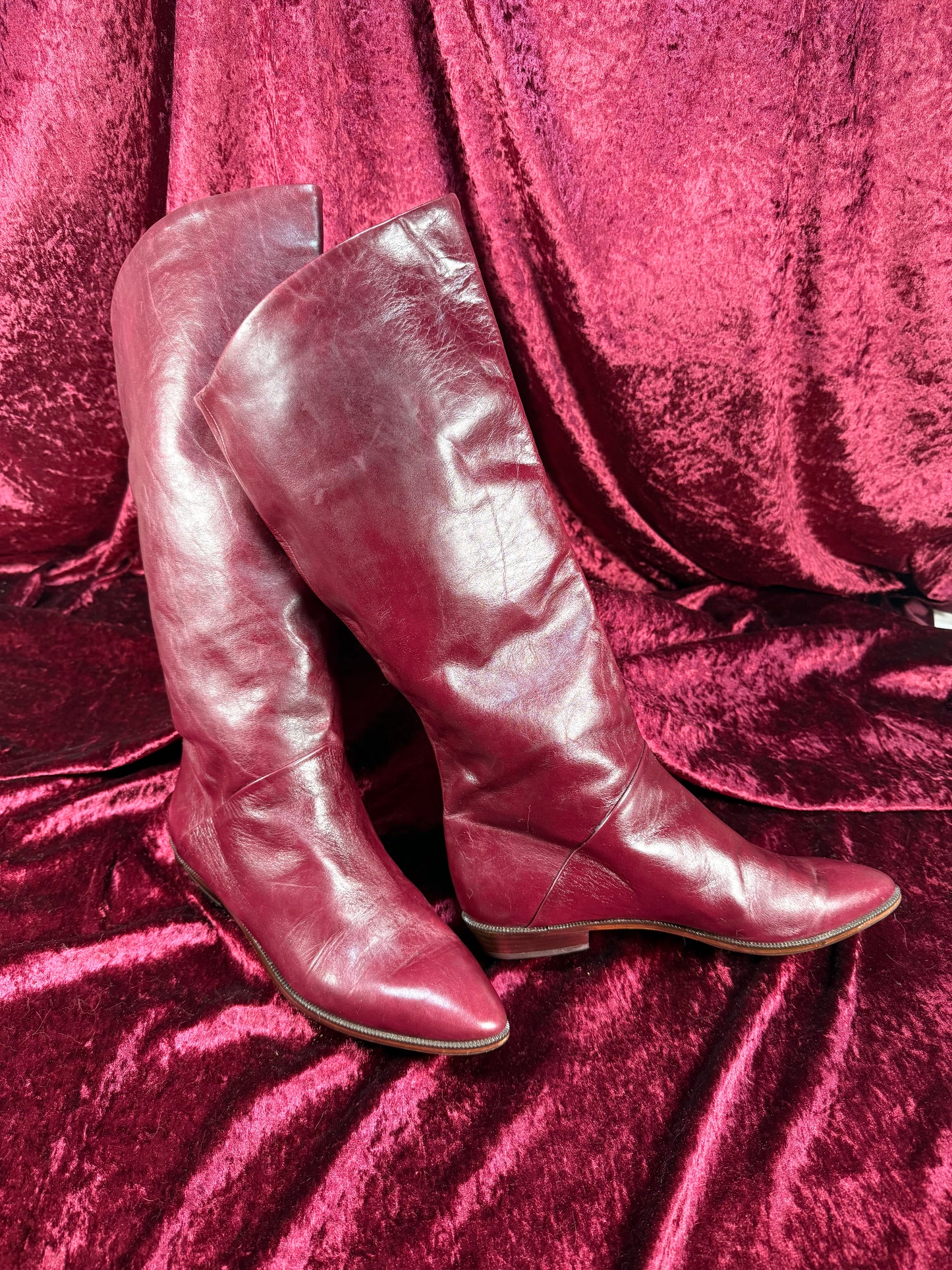 Vintage Shoes - Burgundy Italian Knee High Leather Boots - Made in Italy - Size 7.5