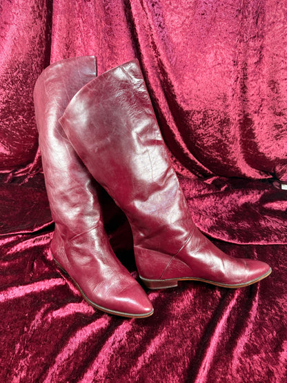 Vintage Shoes - Burgundy Italian Knee High Leather Boots - Made in Italy - Size 7.5