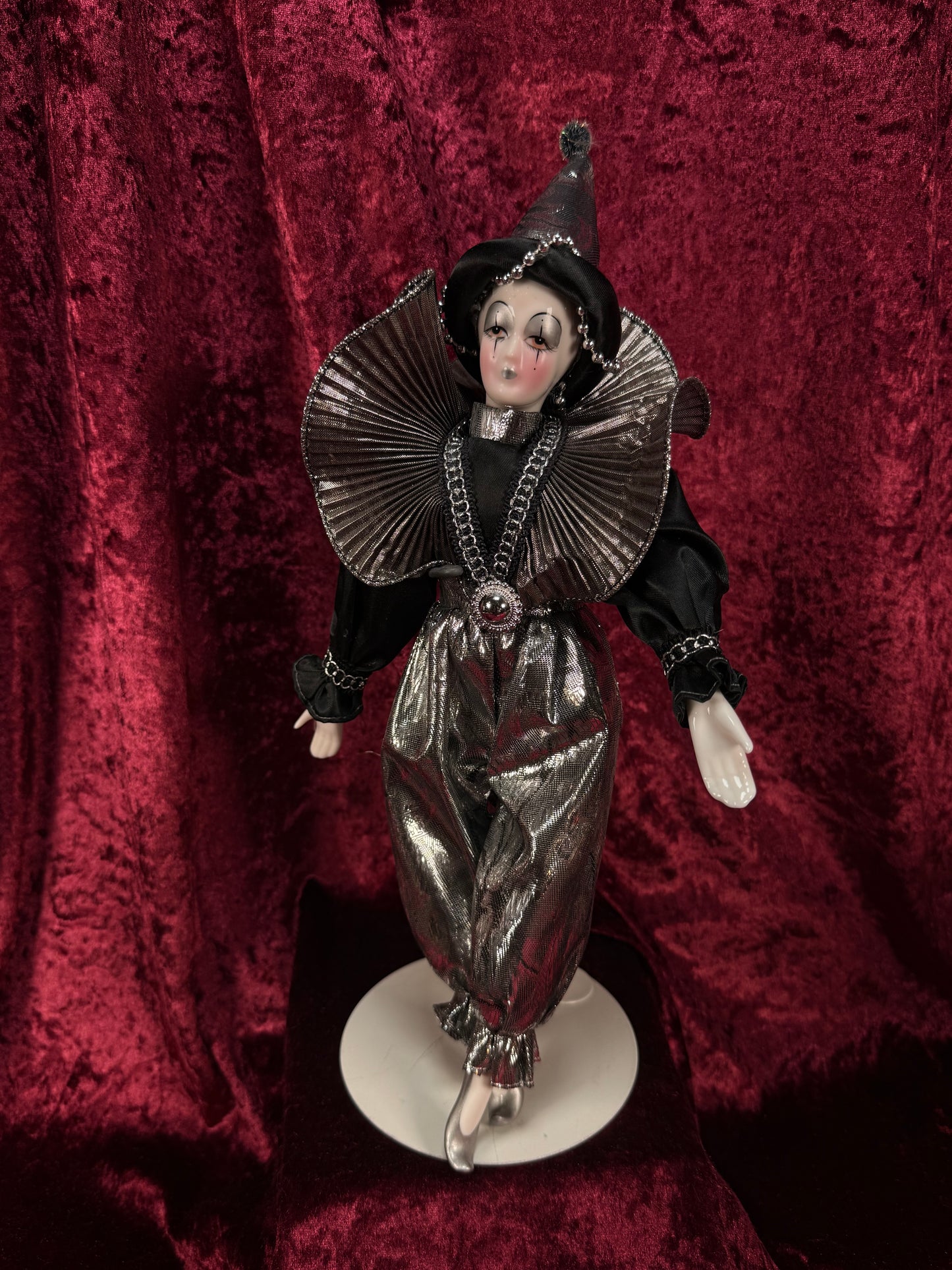 Vintage Silvestri Porcelain Pierrot Doll – Silver Metallic Black Harlequin Figure