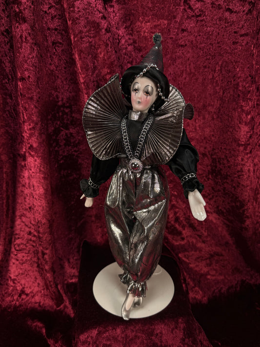 Vintage Silvestri Porcelain Pierrot Doll – Silver Metallic Black Harlequin Figure