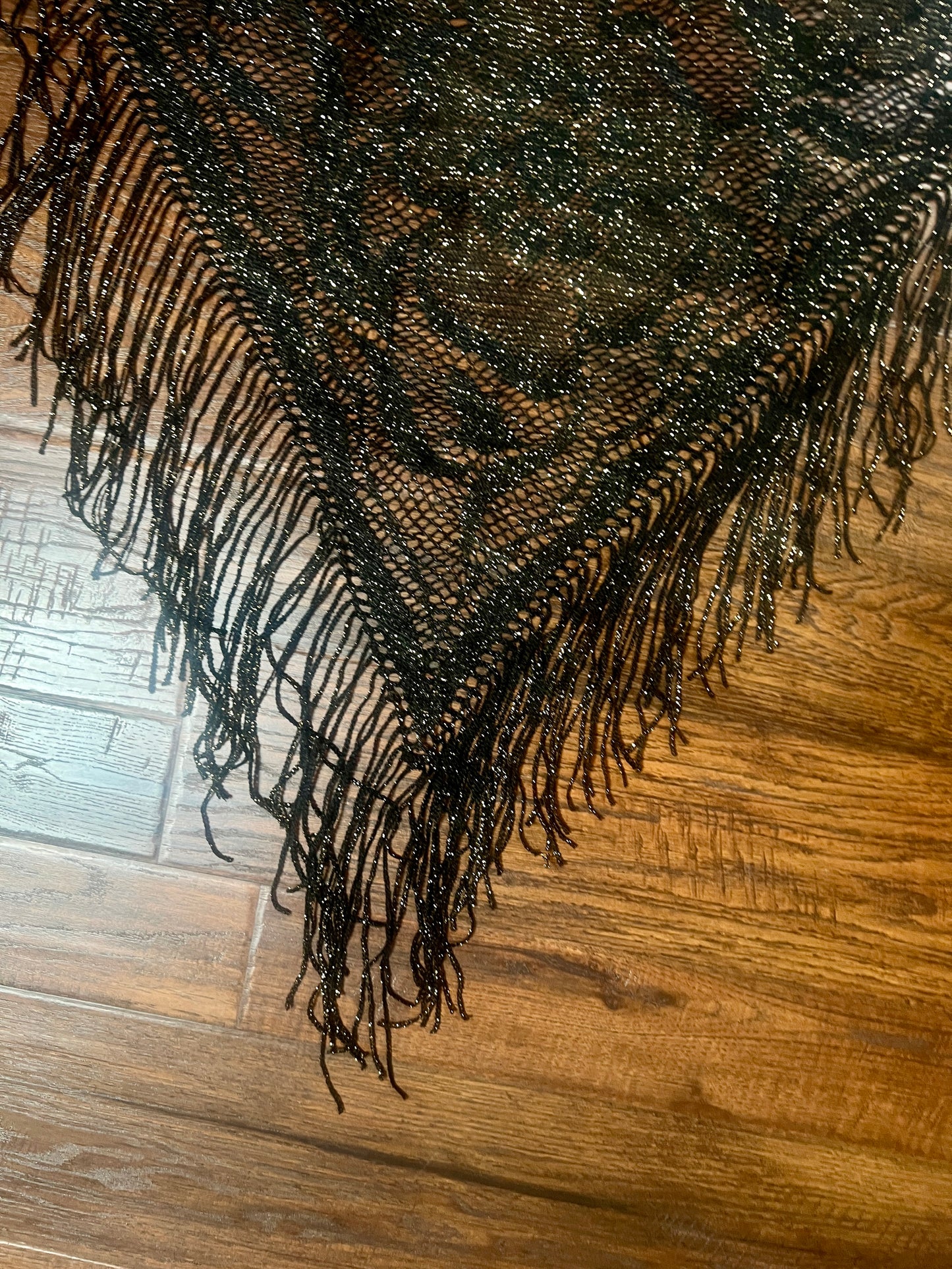 Vintage Metallic Net Shawl - Black Gold Floral Lace Fringe Triangle Wrap