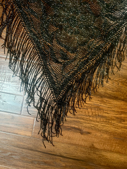 Vintage Metallic Net Shawl - Black Gold Floral Lace Fringe Triangle Wrap