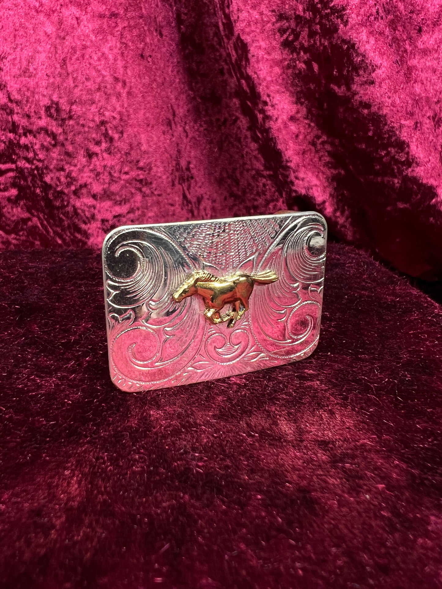 Vintage Nickel Silver Western Belt Buckle Pair - Bucking Bronco and Mustang Engraved
