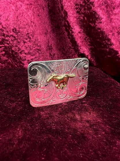 Vintage Nickel Silver Western Belt Buckle Pair - Bucking Bronco and Mustang Engraved
