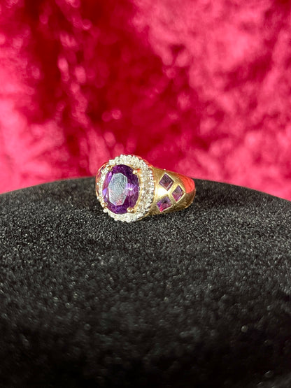Vintage 14K Yellow Gold Ring – Faceted Amethyst in Cubic Zirconia Halo Setting - ESX - Size 7