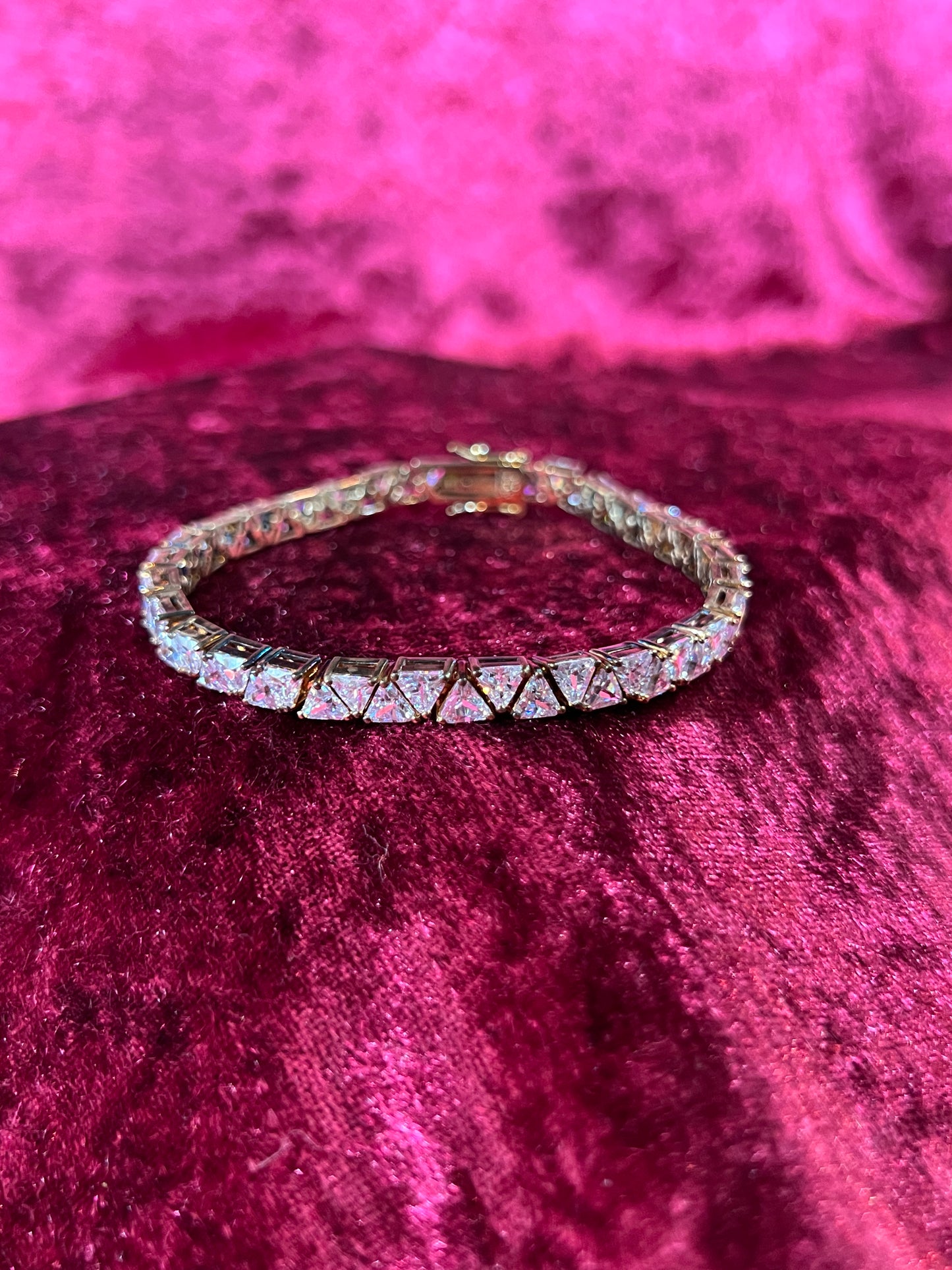 Vintage Jewelry - Tennis Bracelet - Silver Tone - Triangular Cubic Zirconia Stones  - 7.5"