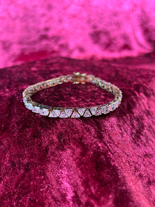 Vintage Jewelry - Tennis Bracelet - Silver Tone - Triangular Cubic Zirconia Stones  - 7.5"
